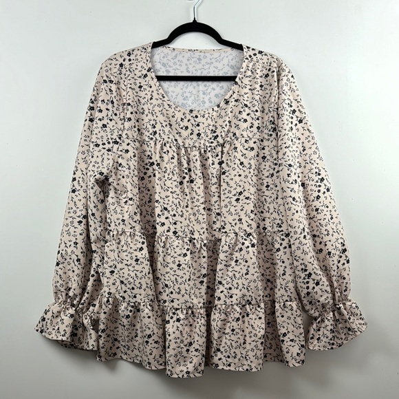 No maker SZ 4X Beige&Black Floral Print Long Sleeve Puffy Ruffle cuff top no… - Picture 1 of 9